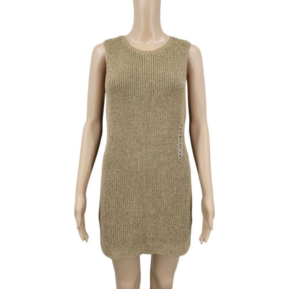 Lauren Ralph Lauren Sleeveless Knit Scoop Neck Sweater Longline Tunic Gold